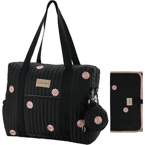 Large Diaper Bag Tote, Maternity Hospital Travel diaper tote, Multifunction baby bag, Baby Nappy Bags, Messenger bag (Medium - Black Flowers)