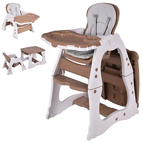 Costzon Baby High Chair, 3 in 1 Infant Table and Chair Set, Convertible Booster Seat with 3-Position Adjustable Feeding Tray, Adjustable Seat Back, 5-Point Harness (Brown)