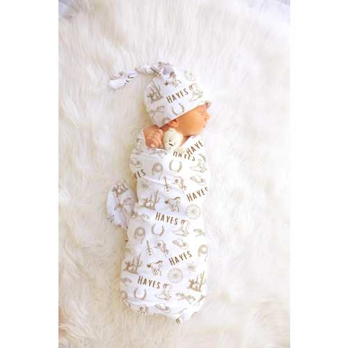 Personalized Western Cowboy Newborn Swaddle Blanket with name, Newborn baby hospital announcement Hat Bow Headband bundle set,receiving Gift