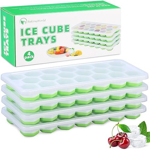 Ice Cube Tray, Easy-Release Hexagonal 20-Ice Cube Trays Silicone Molds with Lid, Ice Trays for Freezer, Stackable Ice Trays with Covers Suitable for Drinks Whiskey and Cocktails (4, Green)