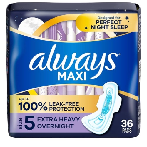 Always Maxi Overnight Pads with Wings for Women, Size 5, Extra Heavy Overnight Absorbency, Unscented, 36 Count (Packaging May Vary)