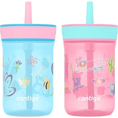 Contigo Leighton Kids Plastic Water Bottles, Spill-Proof Tumblers with Straw, Dishwasher Safe, 14oz 2-Pack in Blue Raspberry/Butterflies & Azalea/Llamas Themes - Ideal for Toddlers and Older Kids