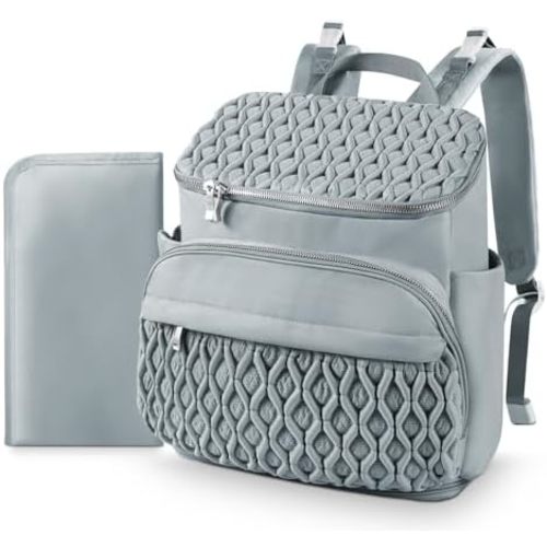 Baby Diaper Bag, Multi-Function Baby Bag for Mom Dad, Diaper Backpack with Changing Pad Stylish Pañaleras para Bebe Stroller Straps, Newborn Baby Essentials Must Haves for Women Grey Green