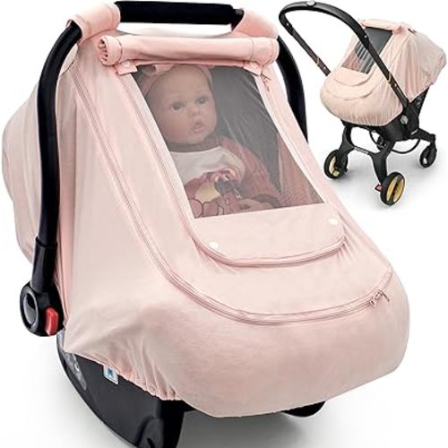 Baby Car Seat Cover for Summer/Spring,100% Organic Cotton Carseat Cover for Babies,Infant Car Seat Cover Canopy for Boys& Girls, Lightweight & Breathable (Pink)