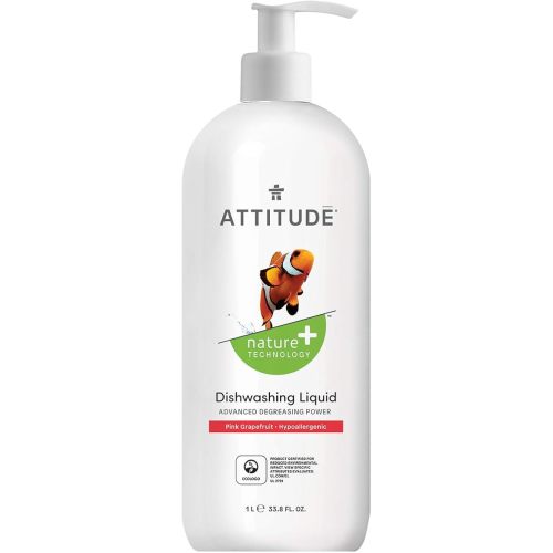 ATTITUDE Dishwashing Liquid, EWG Verified, Vegan Dish Soap, Plant Based, Naturally Derived Products, Pink Grapefruit, 33.8 Fl Oz