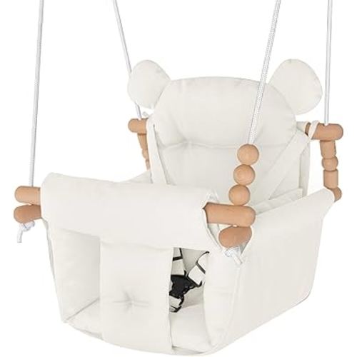 Baby Swing Indoor Outdoor, Secure Canvas Baby Swing, Toddler Swing Seat,Wooden Baby Hanging Swing for Infant,3-Point Adjustable Safety Harness,Mounting Hardware Included,Gift for Baby Boys Girls,White