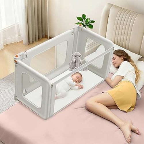 JAZSH 3 in 1 Bedside Bassinet, 69.26" x 19.29" Baby Bassinets Bedside Sleeper with Mosquito Net + Storage Bag + Child Lock, Baby Crib & Toddler Bed Rails for Twin, Full, Queen, King Size, Gray