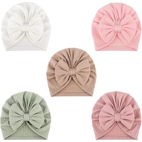 DRESHOW BQUBO 5 Pieces Newborn Baby Turban Hats Bow Baby Infant Beanie Breathable Toddler Cap for Baby Girls