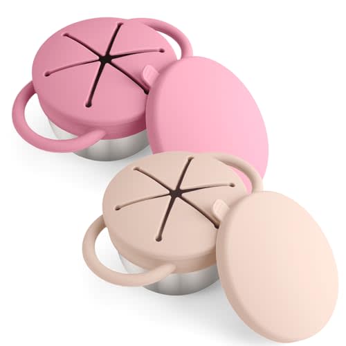 Mity rain 2-Pack Stainless Steel Snack Containers for Toddlers with Spill-Proof Silicone Lids & Handles - 3-in-1 Baby Snack Cups, No-Spill Toddler Snack Box, Perfect for On-the-Go Healthy Eating