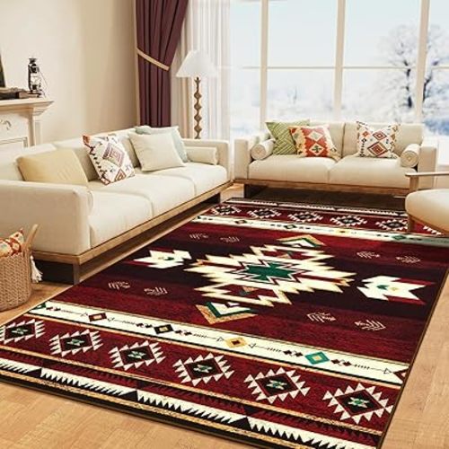 Living Room Rug - 5x7 Red Aesthetic Throw Rug with Rubber Backing, Washable Area Carpet for Kitchen, Dining Floor, Non Slip Indoor Carpet, Western Home Decor