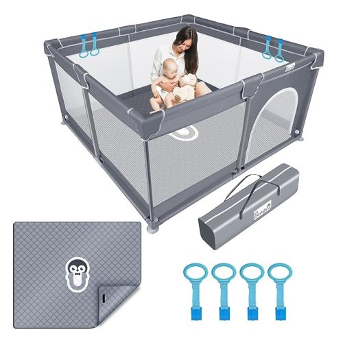 Baby Playpen for Babies and Toddlers with Mat, 50x50 inch Large Baby Playard No Gaps for Indoor & Outdoor, Playpen with Bag, with Playmat, Anti-Slip Base, Li'l Pengyu - Gray-50x 50 Inch with mat