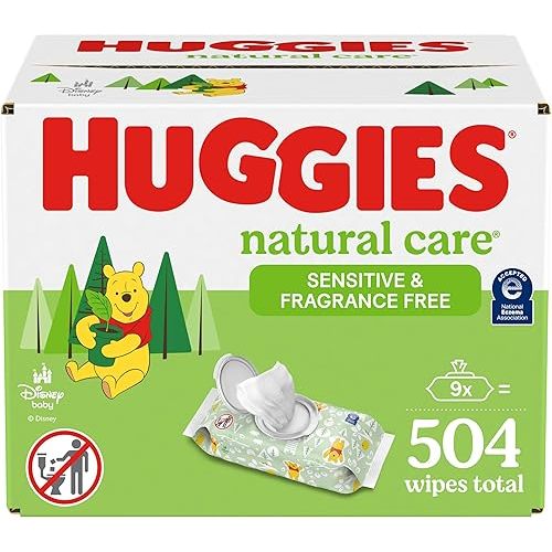 Huggies Natural Care Sensitive Baby Wipes, Unscented, Hypoallergenic, 99% Purified Water, 9 Flip-Top Packs (3 packs of 3), 504 Total Wipes (56 Wipes per pack), Packaging May Vary