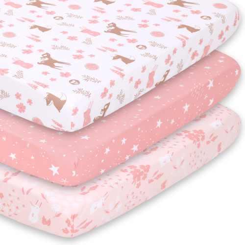 The Peanutshell Pack n Play, Mini Crib, Portable Crib or Fitted Playard Sheets for Baby Girl, 3 Pack Set, Pink Woodland Floral