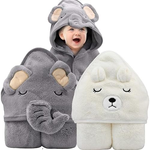 Hooded Baby Towel, Bath Towels Newborn, Bath Towel with Hood for Children, Baby Bath Towels Wrap, Hooded Bath Towels for Boy and Girl, Newborn (White Bear+Grey Elephant)