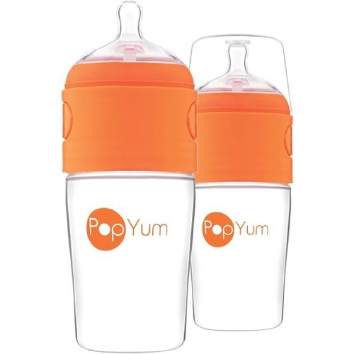 PopYum 9 oz Orange Anti-Colic Formula Making/Mixing/Dispenser Baby Bottles, 2-Pack (with #2 Nipples)