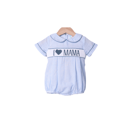 Smocked I Love Mama Blue Seersucker Bubble