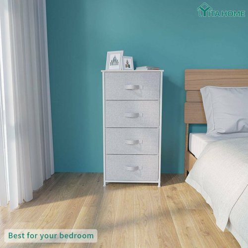 YITAHOME 4 Drawer Storage Tower Shelf Fabric Bins Sturdy Steel Frame, Light Gray