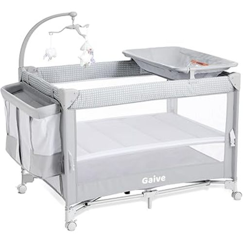 4 in 1 Baby Bassinet, Pack and Play, Bedside Crib Sleeper, Diaper Changer – Includes Comfy Mattress, Rocking Toy for Newborns to Toddlers (Gray)