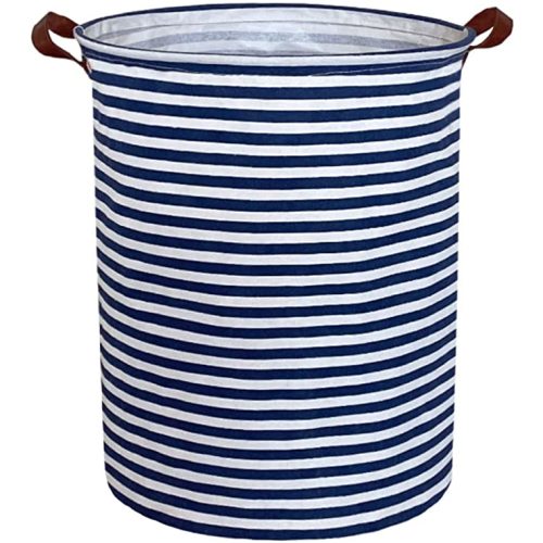 Essme Kids Laundry Hamper,Boys laundry basket,Collapsible Bule storage basket with Waterproof PE Coating,Canvas Fabric Nursery Hamper for Kids Room Decor,Gift,Baby Clothing.(Navy Blue stripes)