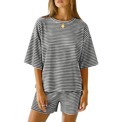 LOMON Two Piece Sets for Women Summer 3/4 Sleeve Tops and Elastic Waist Shorts Pajamas Cute Comfy Soft Lounge Striped Pjs