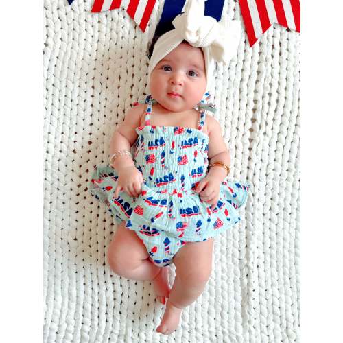 Muslin Smocked Bubble w/ Skirt, 4th of July Blue