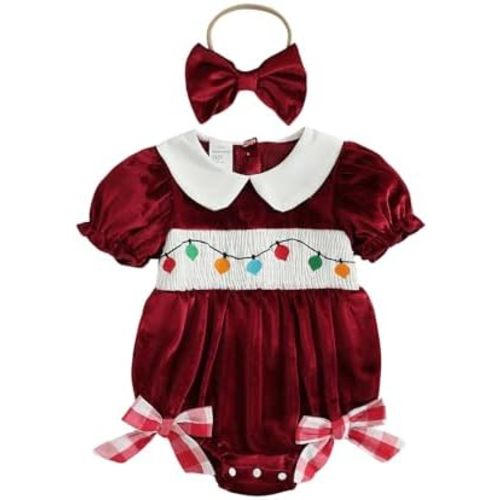 Seyurigaoka Baby Girl Christmas Outfit Red Velvet Bubble Romper Light String Bodysuit Infant Xmas Clothes