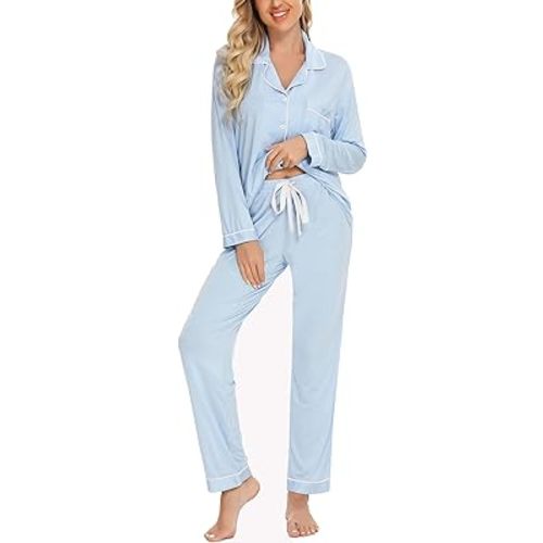 Anjue Pajamas for Women Soft Button Up Pajama Set Long Sleeve Shirt and Pajama Pants Lounge Sets S-XXL