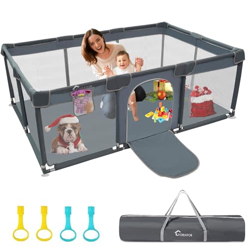 Baby Playpen,71 * 48IN Play Yard for Babies and Toddlers,Toddler Play Area Indoor,Sturdy Play Yard with Gate, Safety Baby Playpen with Soft Breathable Mesh,Anti-Fall,Gray