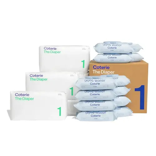 Coterie Baby Wipes + Diapers Kit, Size 1 Diapers (198 Count) & 12 Pack (672 Count) Baby Wipes with 99% Water, Plant Based Materials, Hypoallergenic for Sensitive Skin