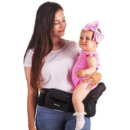 Baby Hip Carrier - New Ergonomic Bench Design, Multiple Pockets & Lumbar Support & Breathable Materials for Newborns & Toddlers, All Seasons & 4 Positions (Carrier, Grey)