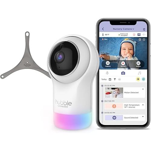 HUBBLE CONNECTED Nursery Pal Glow Deluxe Smart HD Baby Camera with 7-Color Night Light, Room Temperature Sensor, Remote Pan Tilt Zoom, 2-Way Talk, Night Vision, WiFi Baby Camera