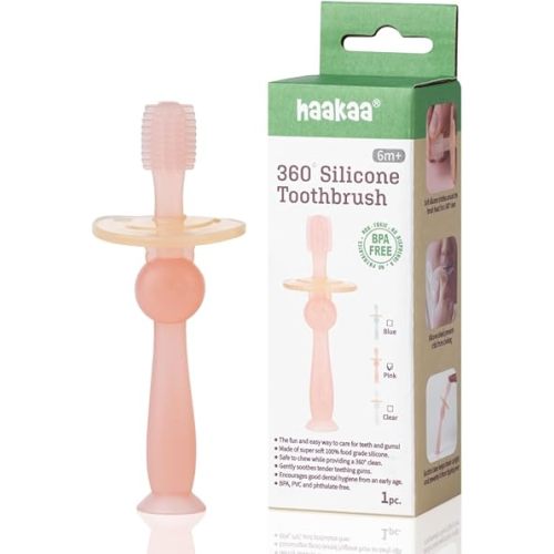 Haakaa 360° Silicone Baby Toothbrush – 100% Soft Food Grade Silicone, BPA-Free, Suction Base, Safe for Babies 6 Months+, Gentle Gum and Teeth Cleaning for Infants, Gum Massager (Pink)