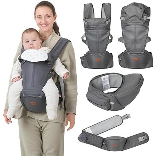 BabbleRoo 6-in-1 Baby Carrier with Hip Seat, Ergonomic, Cozy & Adjustable Toddler Carrier 7-50 lbs with Hip & Lumbar Support, Hood for Sun Protection, Baby Carrier Newborn to Toddler, Gray