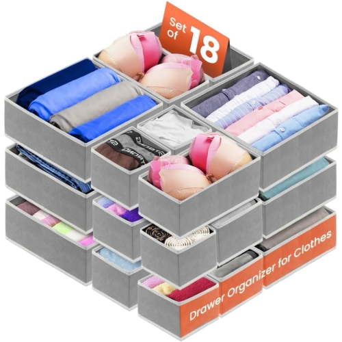RFAQK 18 Pack Drawer Organizer Clothes-3 Sizes (L, M, S) Dresser Drawer Organizer-Baby Drawer Organizer for Nursery-Foldable Fabric Drawer Dividers for Underwear, Bedroom, Lingerie, Undies, Bra-Grey