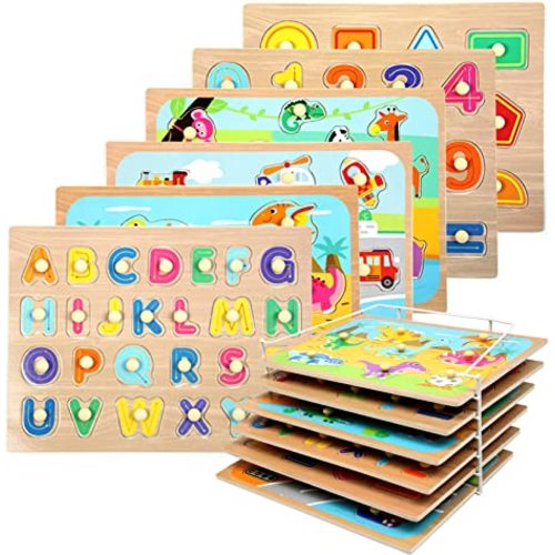 WOOD CITY Toddler Puzzles and Rack Set, Wooden Peg Puzzles Bundle with Storage Holder Rack, Educational Knob Puzzle for Kids Age 2 3 4 Years - Alphabet Number Shape Dinosaur Animal Vehicle