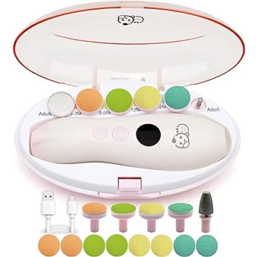 Royal Angels Rechargeable Baby Nail Buffer 22 in 1, Safe Electric Baby Nail File, Extra 13 Replacements, Baby Nail Kit,Nail Clippers, Newborn Toddler Toes Nails, Trim Polish (Rechargeable, WhitePink)