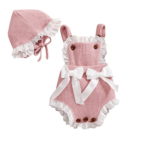 Infant Baby Girl Clothes Lace Romper Knitted Ruffle Sleeveless Backless Bodysuit Jumpsuit with Hat Summer Outfits