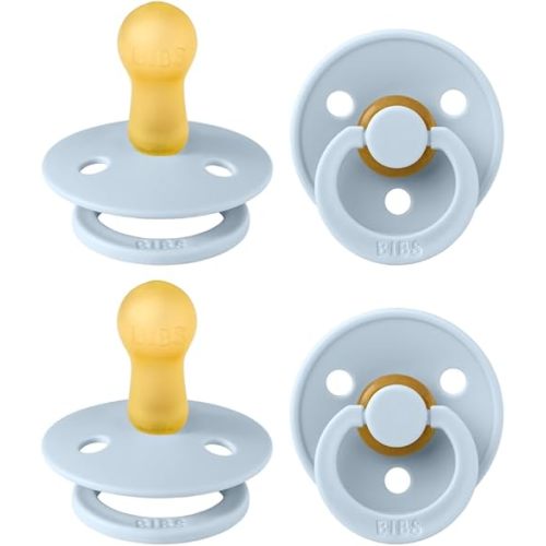 BIBS Colour Pacifier 4-Pack, BPA Free Dummy Pacifier, Round Nipple. Natural Rubber Latex, Made in Denmark, Size 2 (6-18 Months), Baby Blue