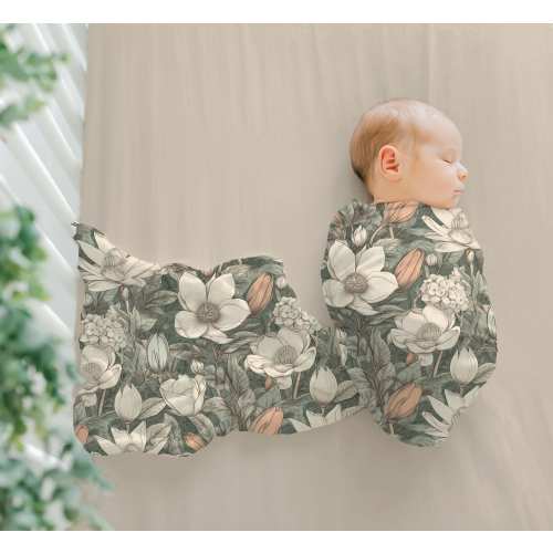 Vintage Magnolia Baby Blanket | Swaddle | Boho Neutral Nursery | Crib Bedding | Baby Shower Gift | Elegant Baby Girl