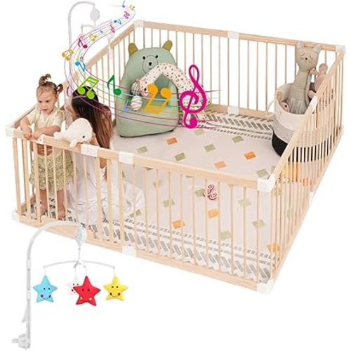 Baby Wooden Playpen, Baby Playpen for Babies and Toddlers, Wood Playpen for Kids, Changeable & Expandable Wood Play Pen, Play Fence Safety gate & Toy (59"x59")