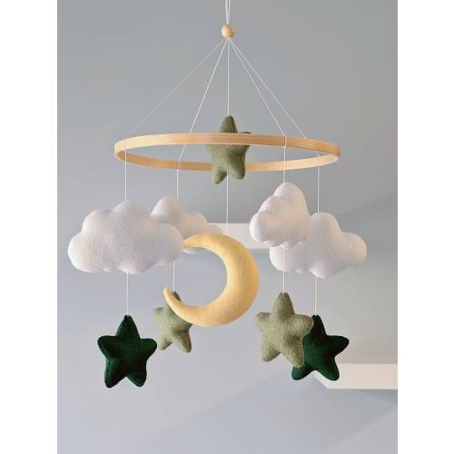 Gender-Neutral Nursery Decor, Green Stars and Moon, Felt Cloud Mobile, Baby Shower Gift