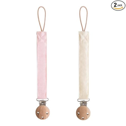 mushie Linen Baby Pacifier Clip Holder | Soft Fabric Strap, 2-Pack (Blush/Cream)