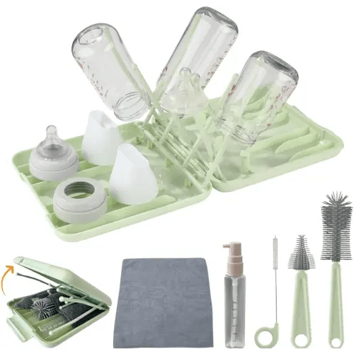 7in1 Travel Bottle Cleaner Kit: Baby Travel Essential - Bottle Brush Set with Silicone Bottle Brush, Straw Brush, Nipple Brush, Soap Dispenser - Bottle Cleaning Brush Set, Bottle Drying Rack (Green)