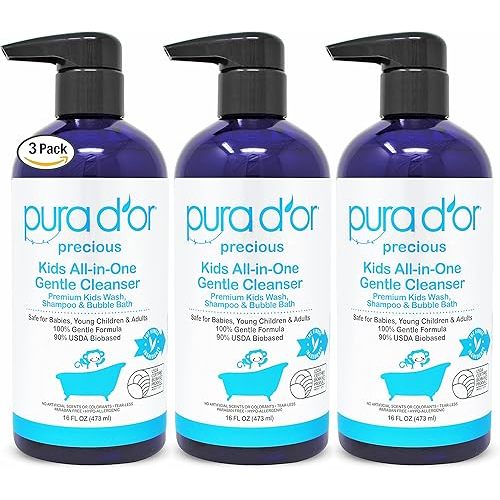PURA D'OR Kids Wash (16oz x 3 = 48oz) All-in-One Gentle Cleanser - USDA Biobased, Sulfate-Free, Tear-Less, Hypoallergenic, Premium, Shampoo & Bubble Bath