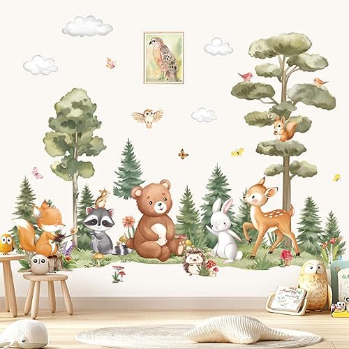 decalmile Woodland Animals Pine Tree Bear Deer Wall Decals Stickers (XL)