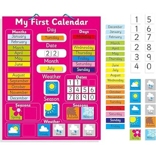 My First Magnetic Pink Calendar for Kids, Rigid Board (40x32 cm) Plus Easy Hanging Loop, Days of The Week, Date & Month of The Year, Weather & Seasons, Suitable for Learning at Home or in a Classroom