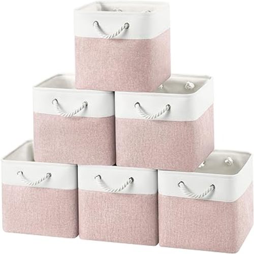 12x12 Storage Cube Bins, 6 Pack Reinforced Bottom Cardboard Foldable Box, Organizer for Closet Shelves, Heavy Home Storage Baskets (White Pink)