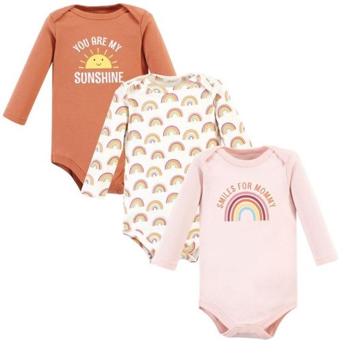 Hudson Baby Infant Girl Cotton Long-Sleeve Bodysuits, Sunshine Rainbows 3-Pack, 3-6 Months