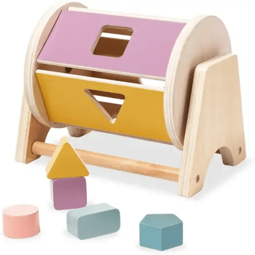 Wooden Montessori Spinning Drum ，Rainbow Fabric Ball Kit Toys 、Montessori Toys for Babies 6-12 Months,with 5 Wooden Blocks、Color Shape Sorting Matching Baby Toys