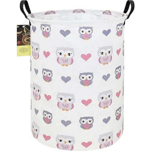 HUNRUNG Laundry Hamper,Large Canvas Fabric Lightweight Storage Basket Toy Organizer Dirty Clothes Collapsible Waterproof for College Dorms(Round-Love Owl)